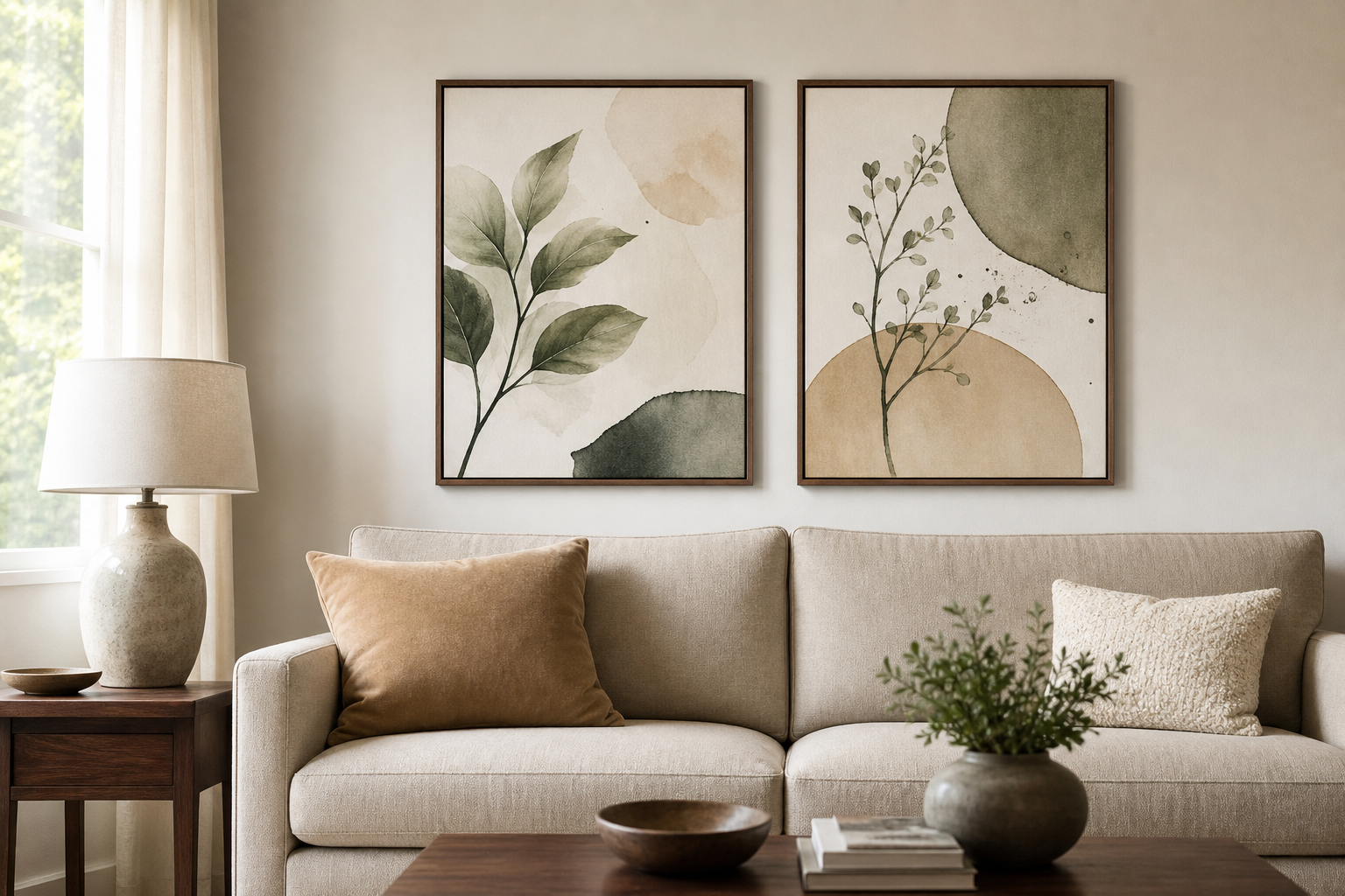 Living room with two framed 16x20 prints above a sofa