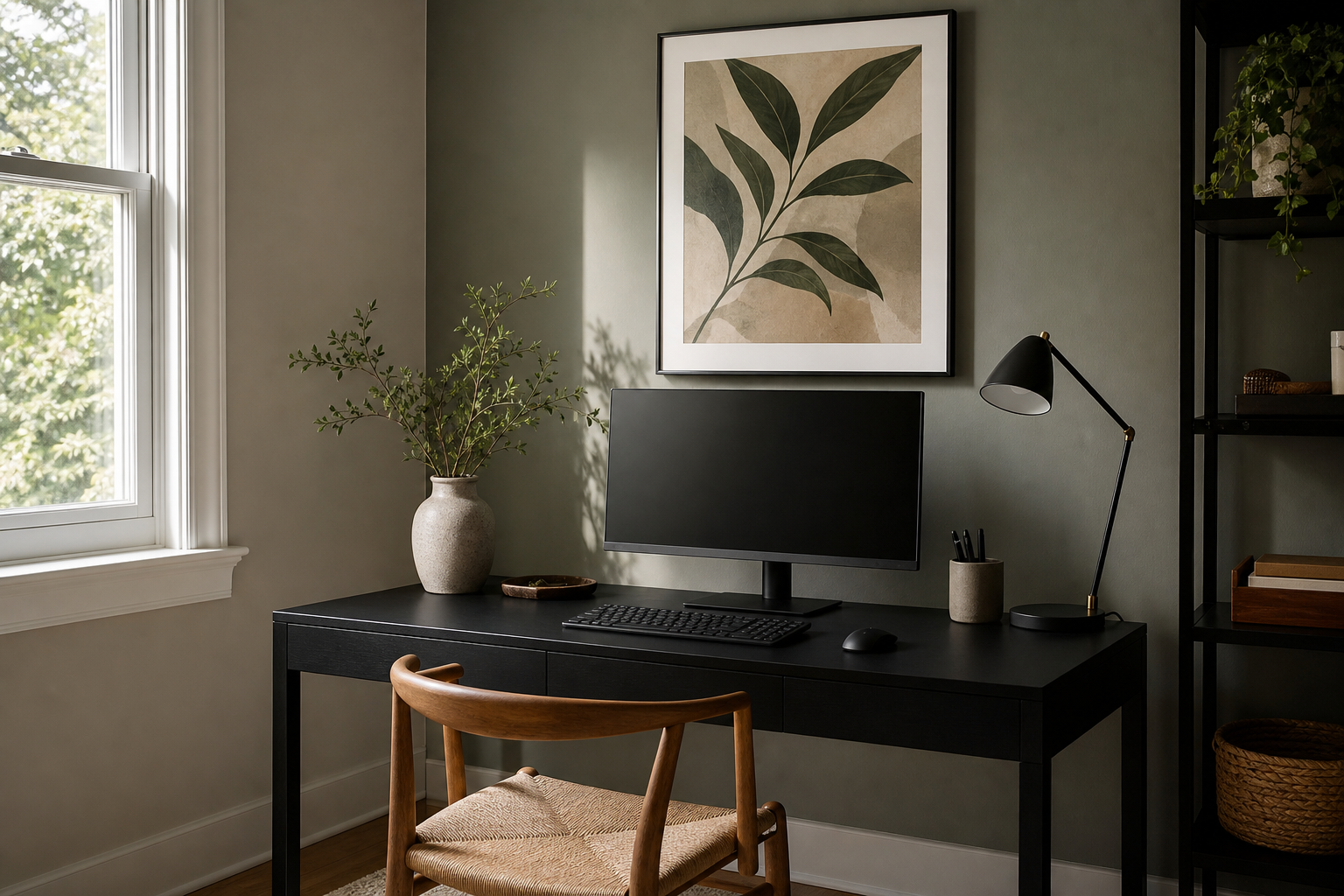 Home office with a framed 16x20 art print above a desk