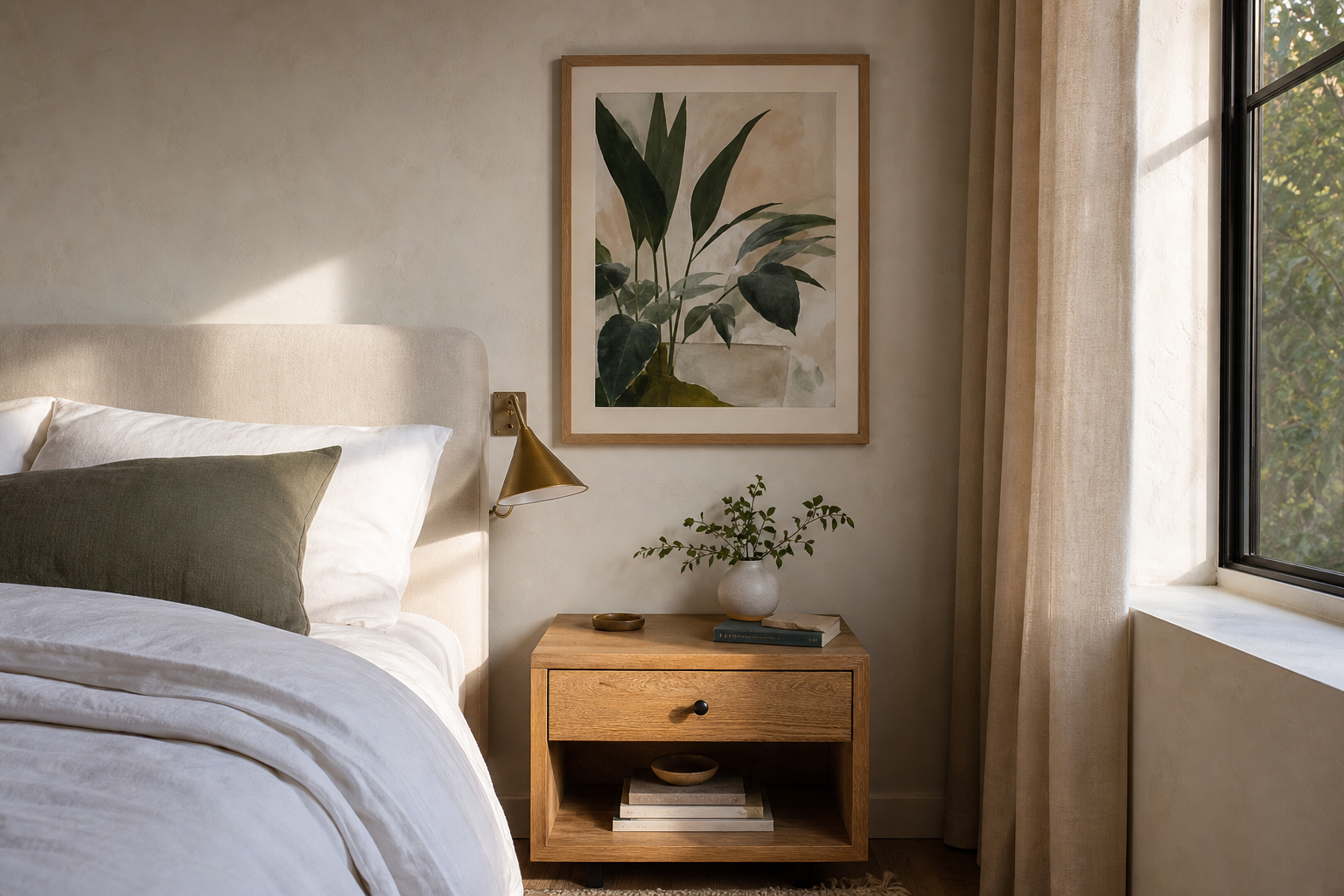 Bedroom corner with single framed wall art above a nightstand