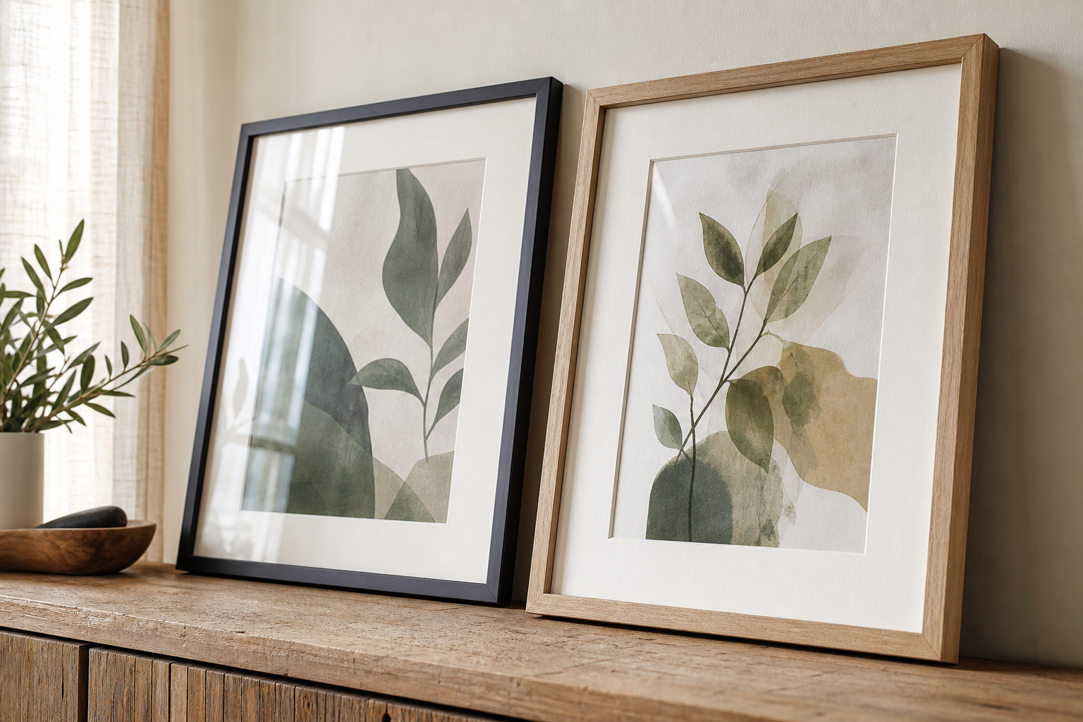 Close-up of wood and black frames with textured wall art