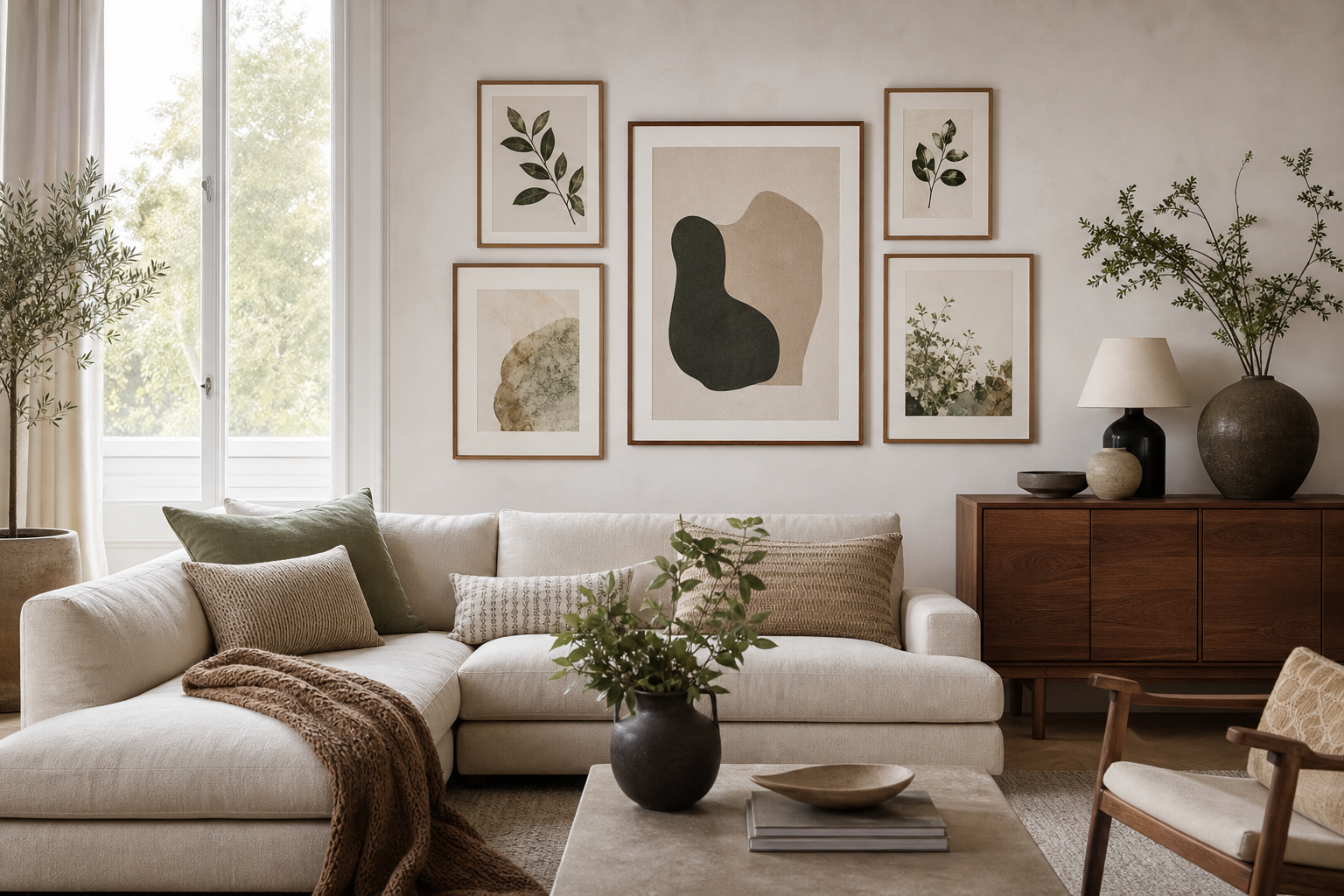 Living room gallery wall built around a medium framed print