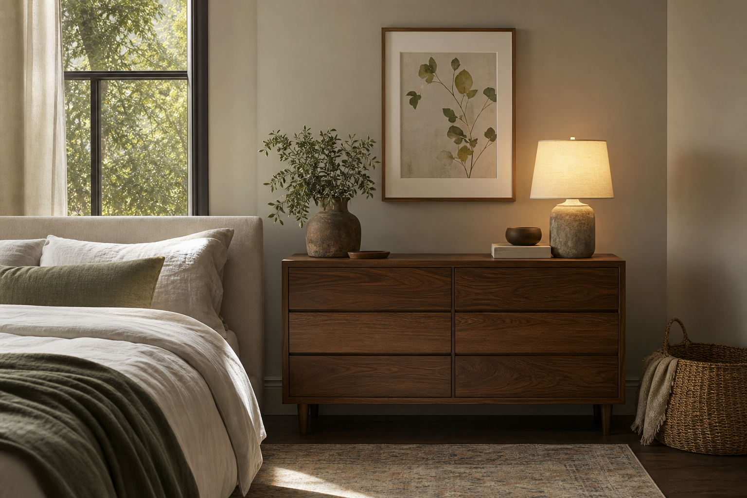 Bedroom with a 16x20 framed fine art print above a dresser