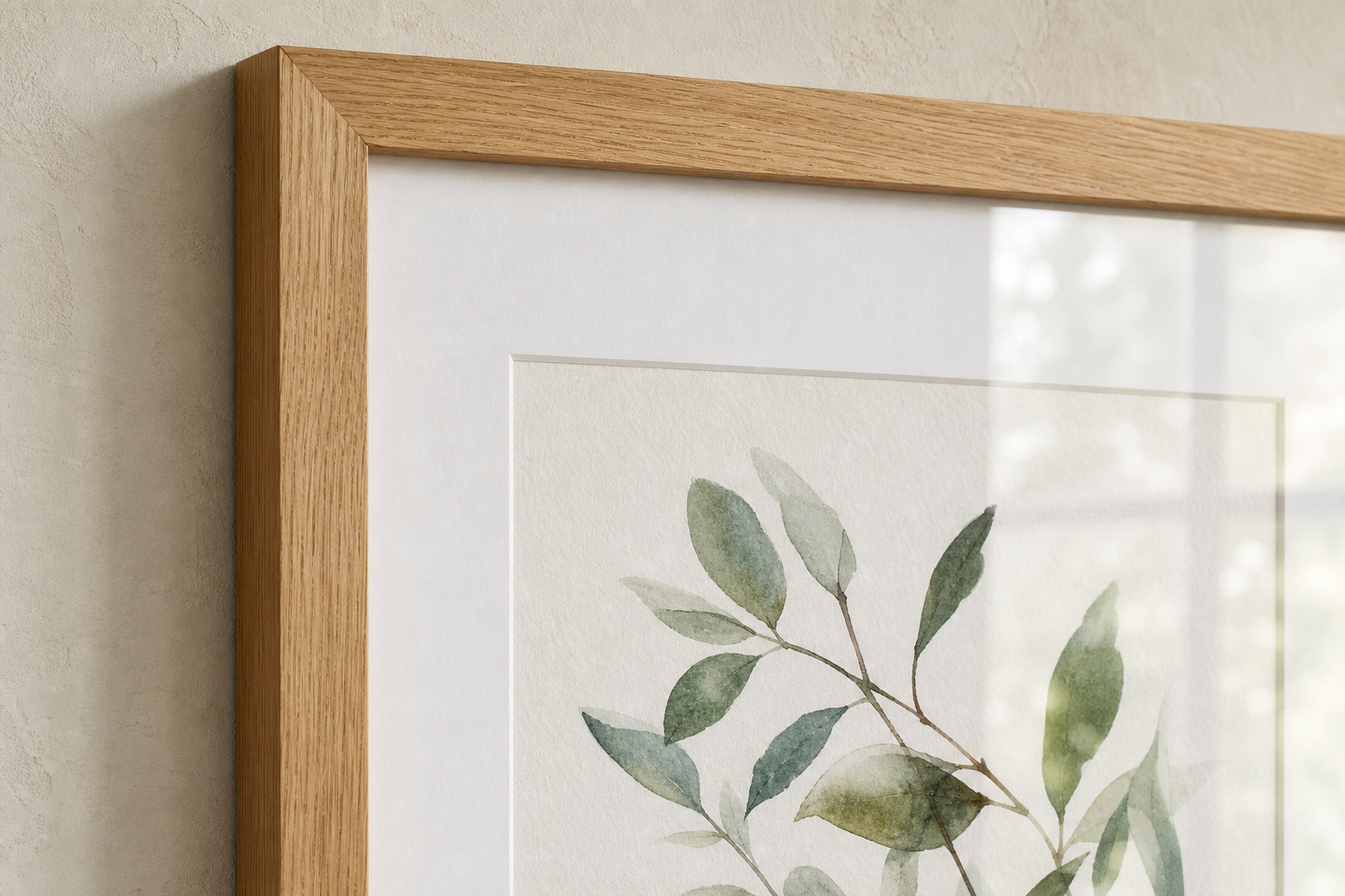 Close-up of a wood frame and mat around a 16x20 art print