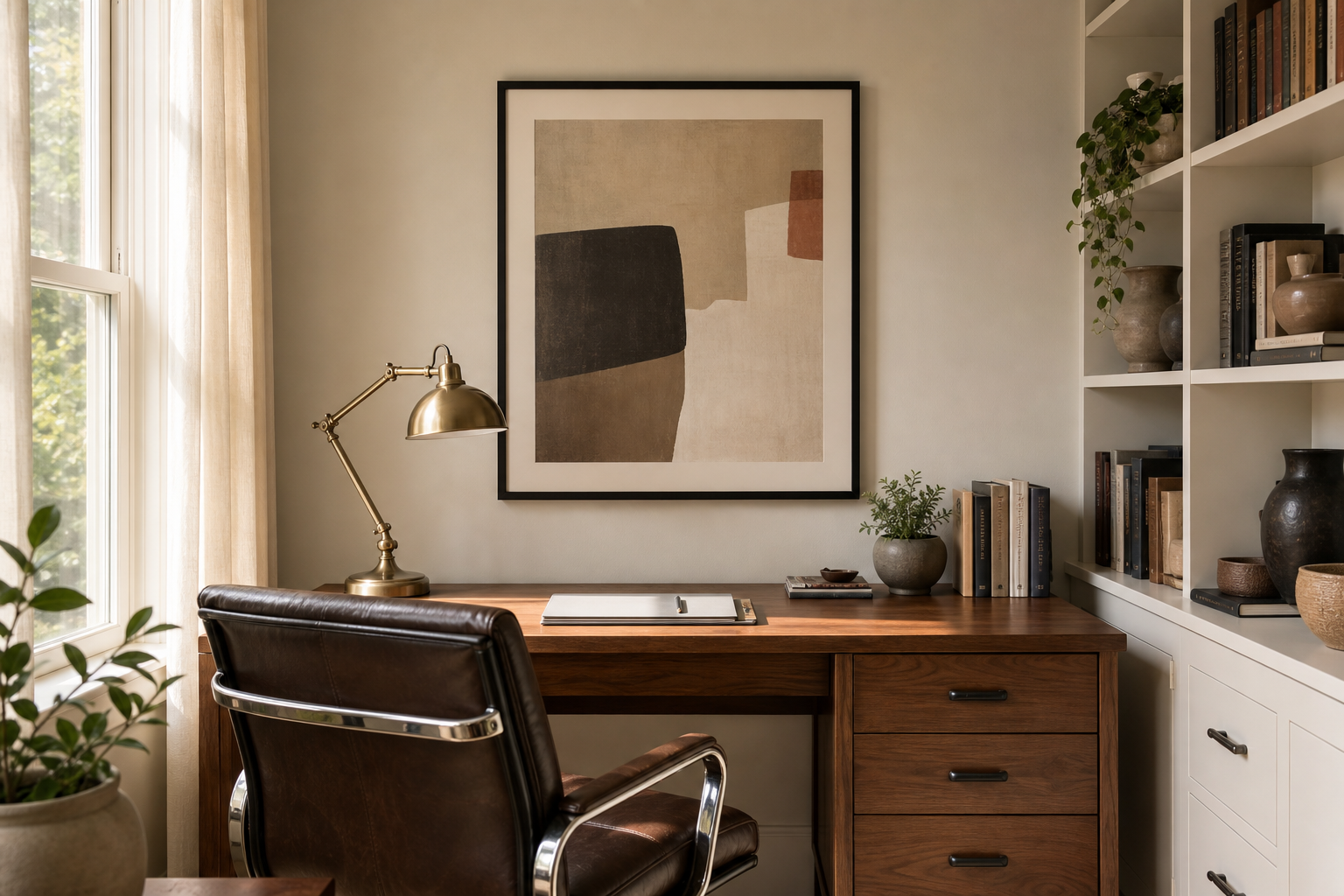 Home office with a 16x20 framed abstract print above a desk