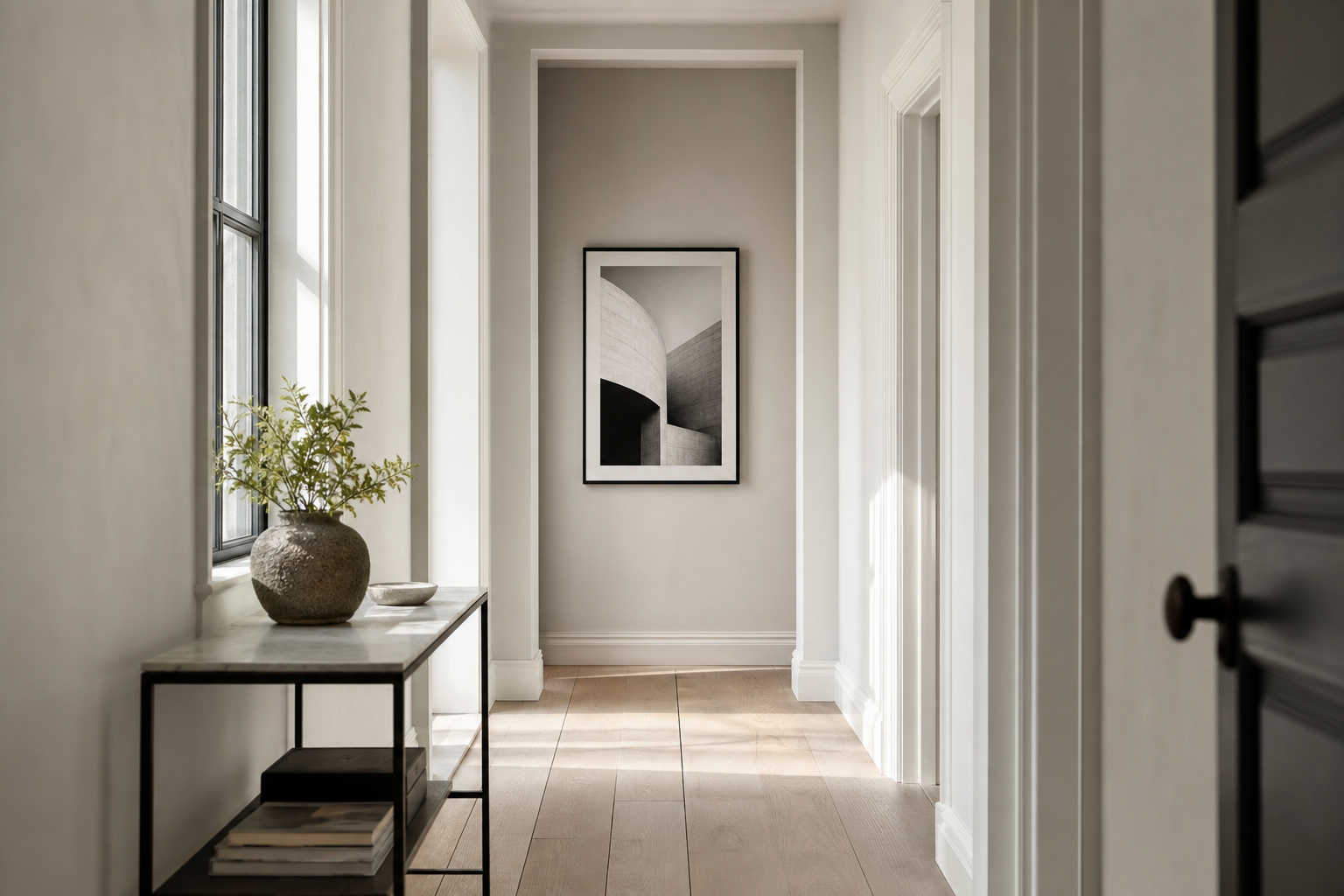 Hallway wall with a 16x20 framed print viewed from several feet away