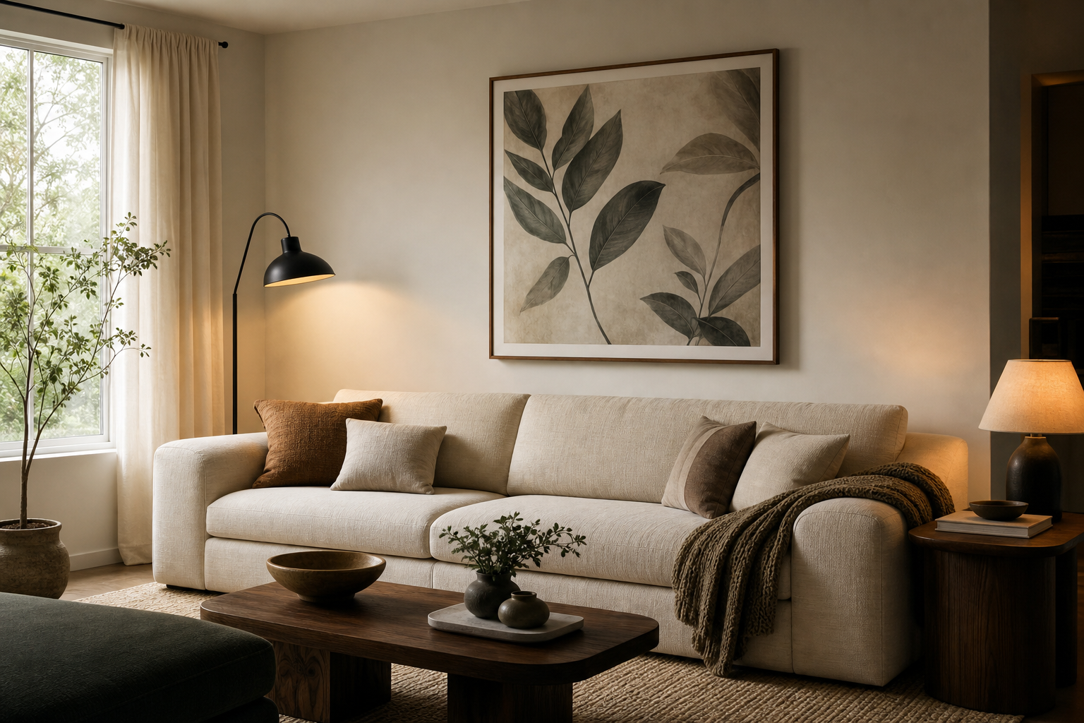 Large living room wall with statement framed art above sofa