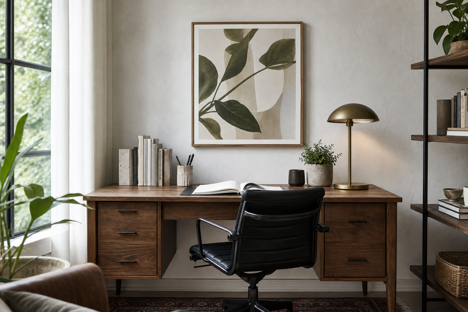 Home office with framed art above desk showing clean scale balance