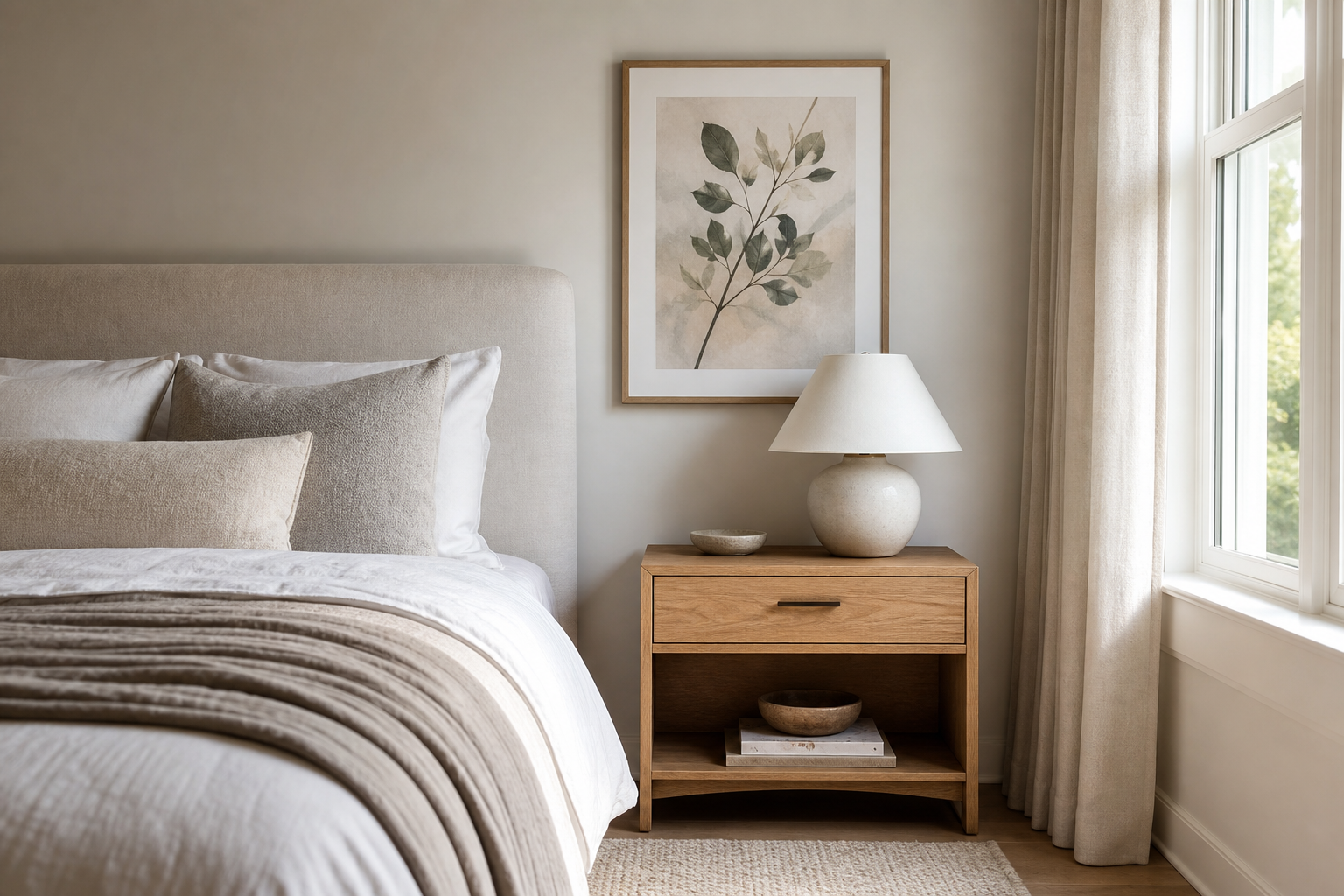 Bedroom corner with smaller framed wall art above a nightstand