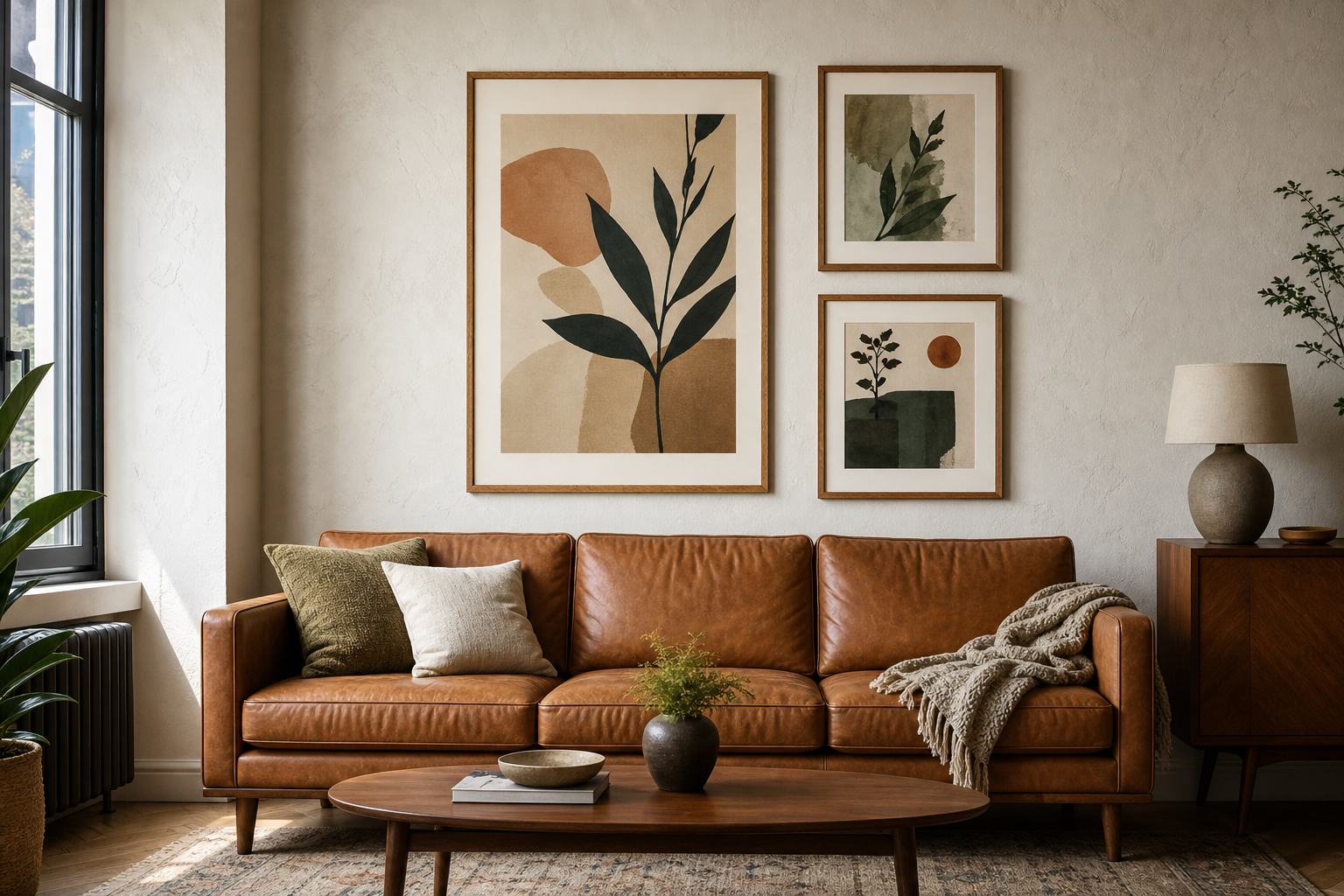 Measured wall arrangement above a sofa with spacing examples