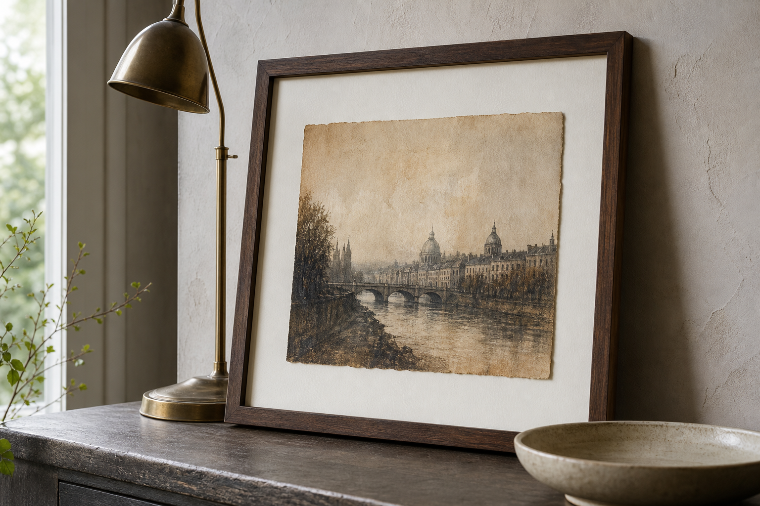 Close-up of dark wood frame and aged-paper city artwork