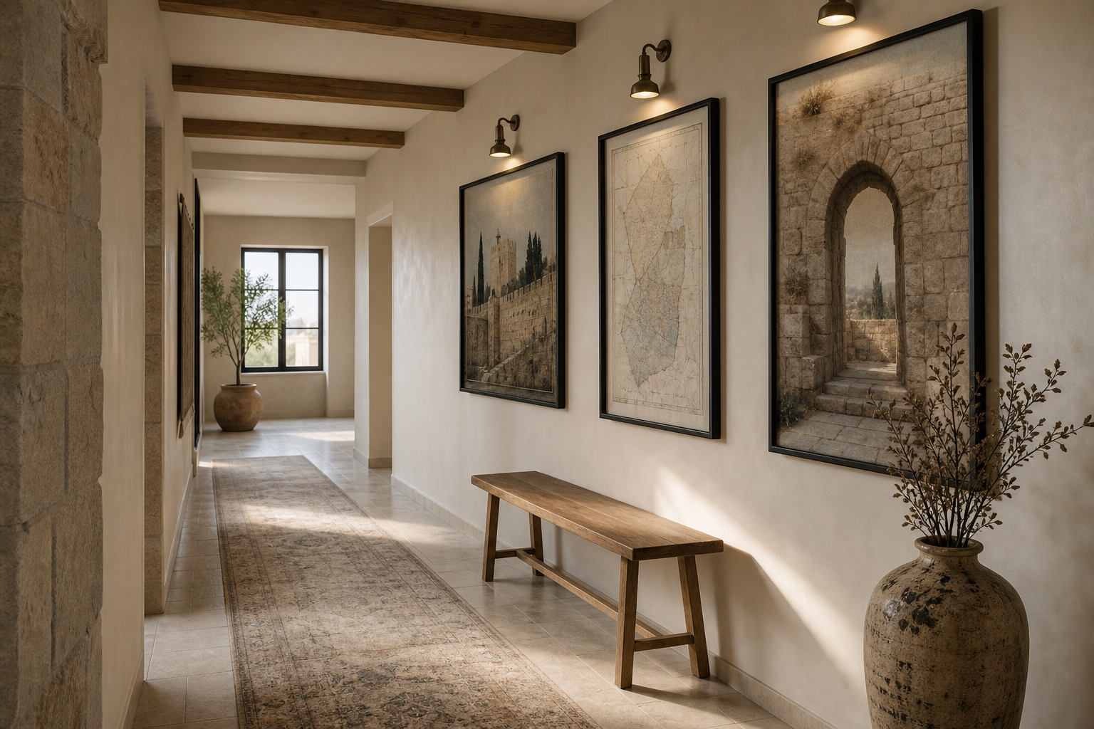 Hallway gallery wall with fortress city and map art