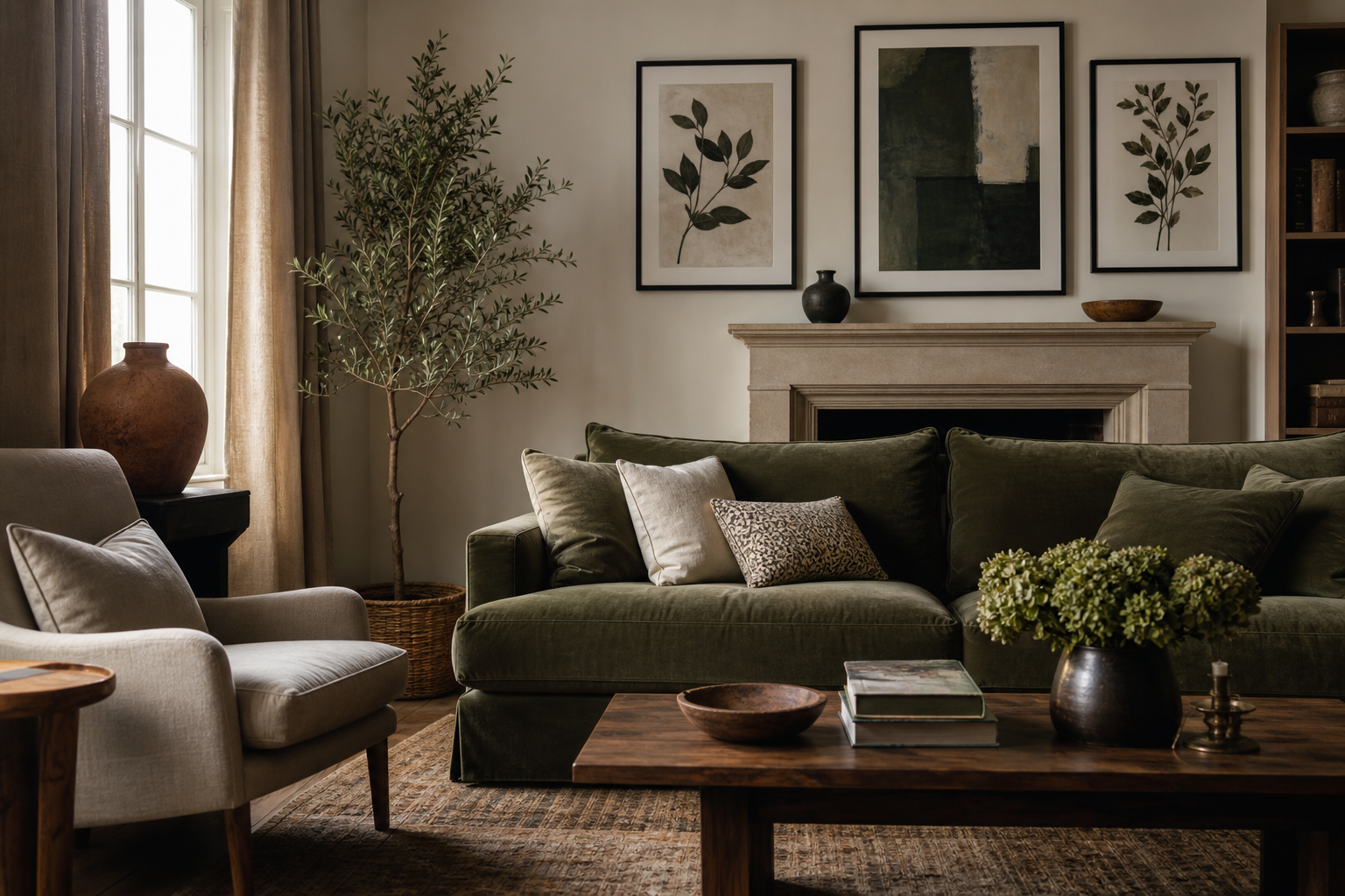 Living room with historic city wall art and earth-tone styling