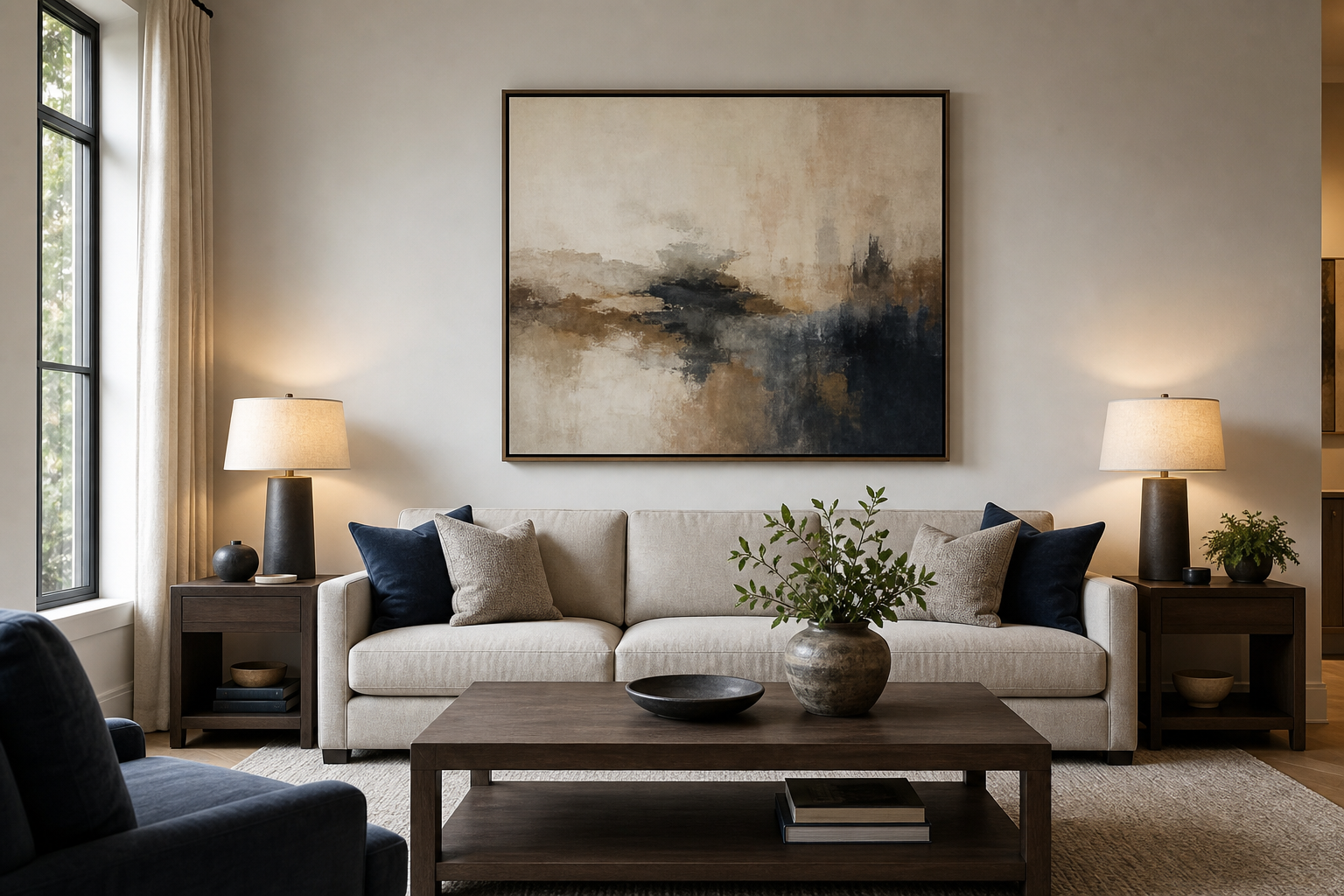 Example of correctly sized abstract art above a sofa
