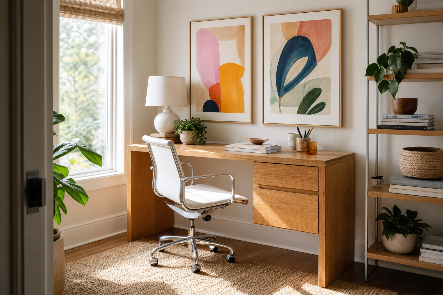 Playful home office with colorful abstract prints