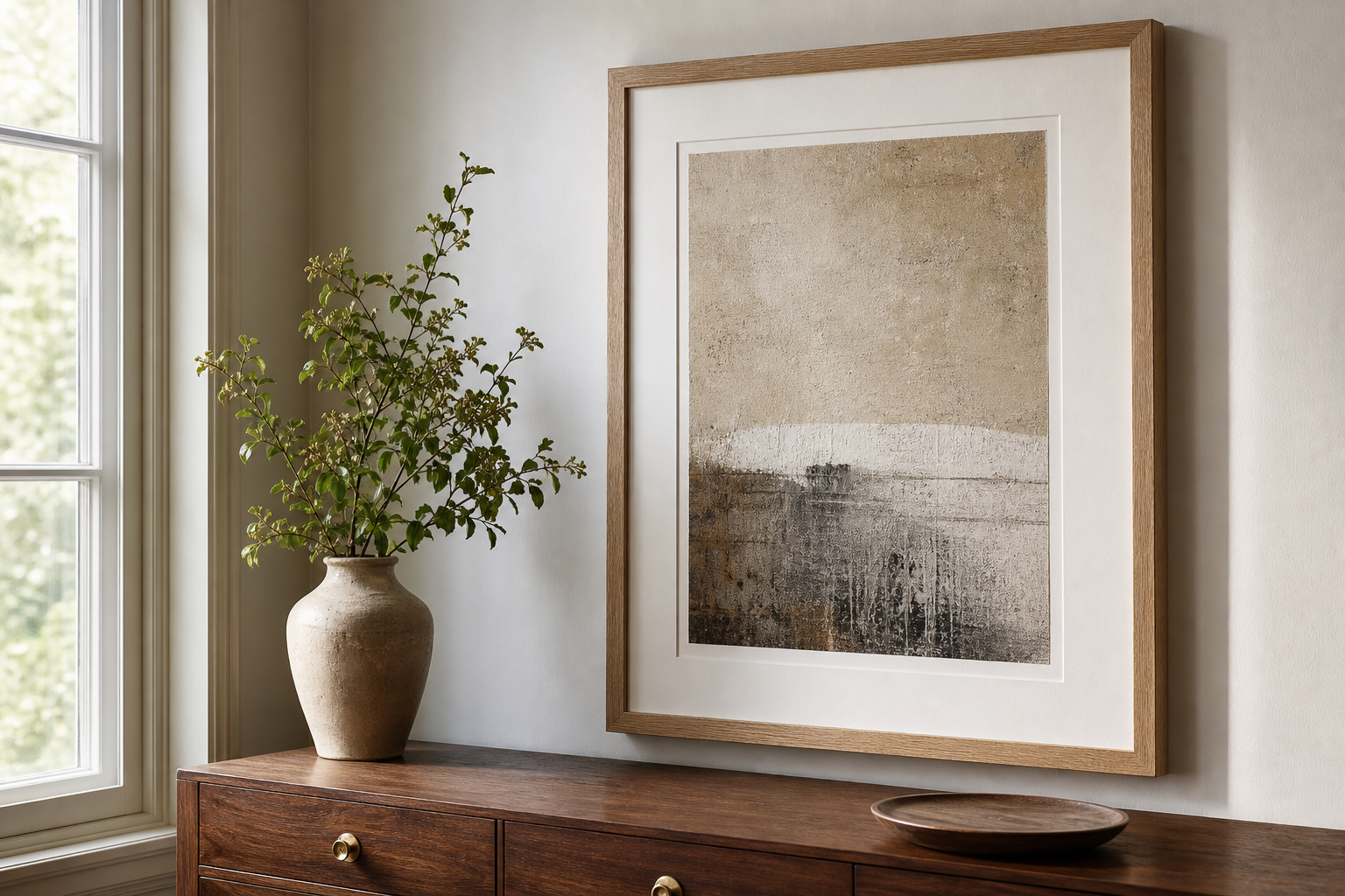 Close-up of framed abstract art with mat and oak frame