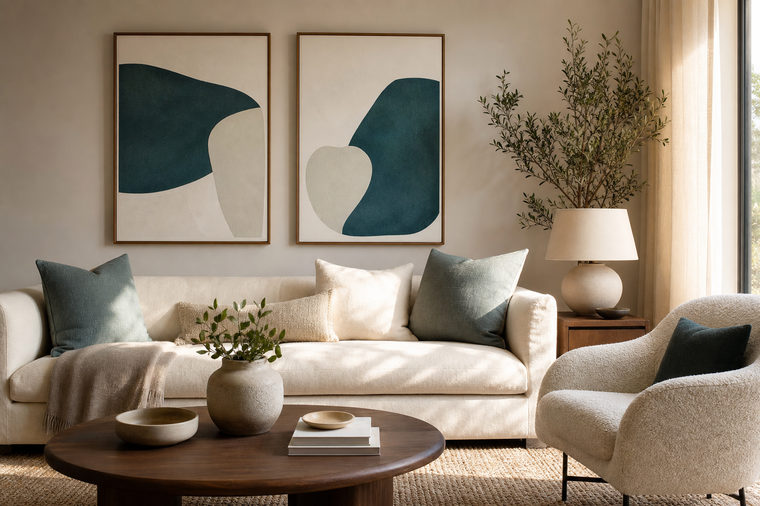 Neutral living room with teal abstract art and layered textiles