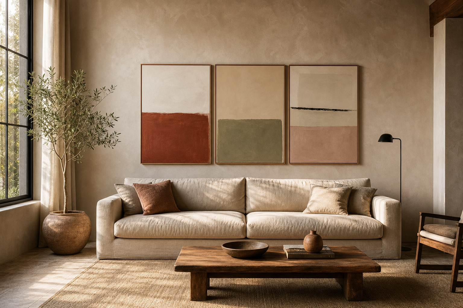 Large abstract art arrangement above a sofa