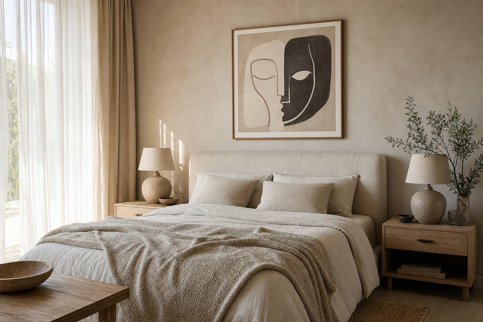 Calm bedroom with abstract face art above a bed