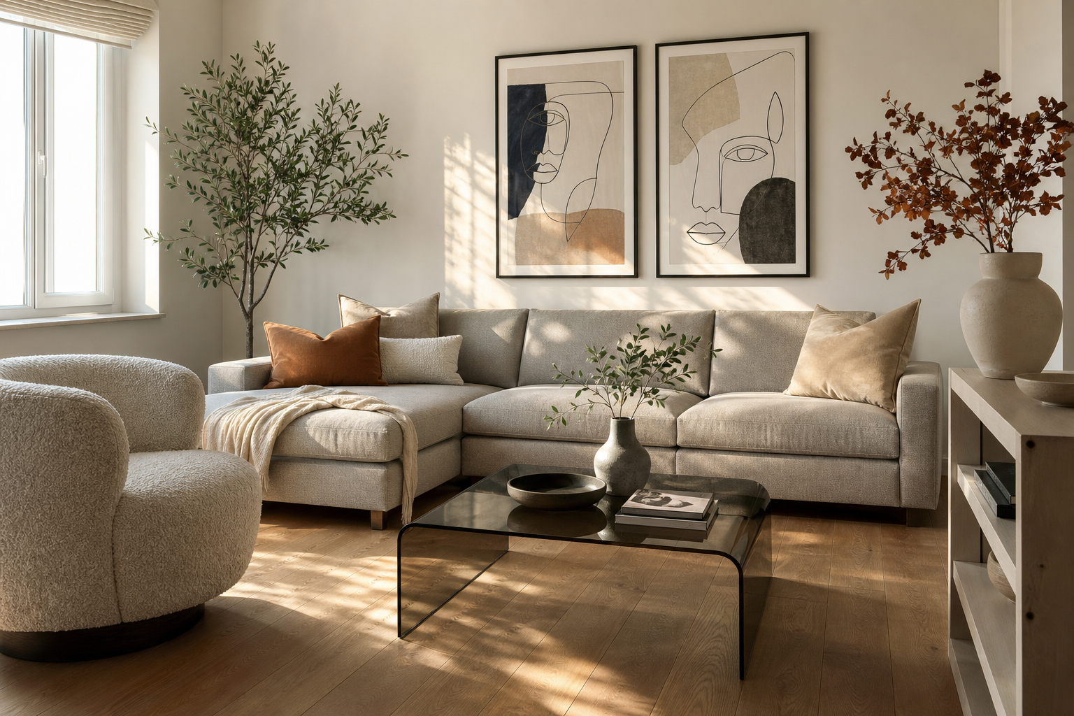 Abstract face artwork above a sofa in a modern apartment