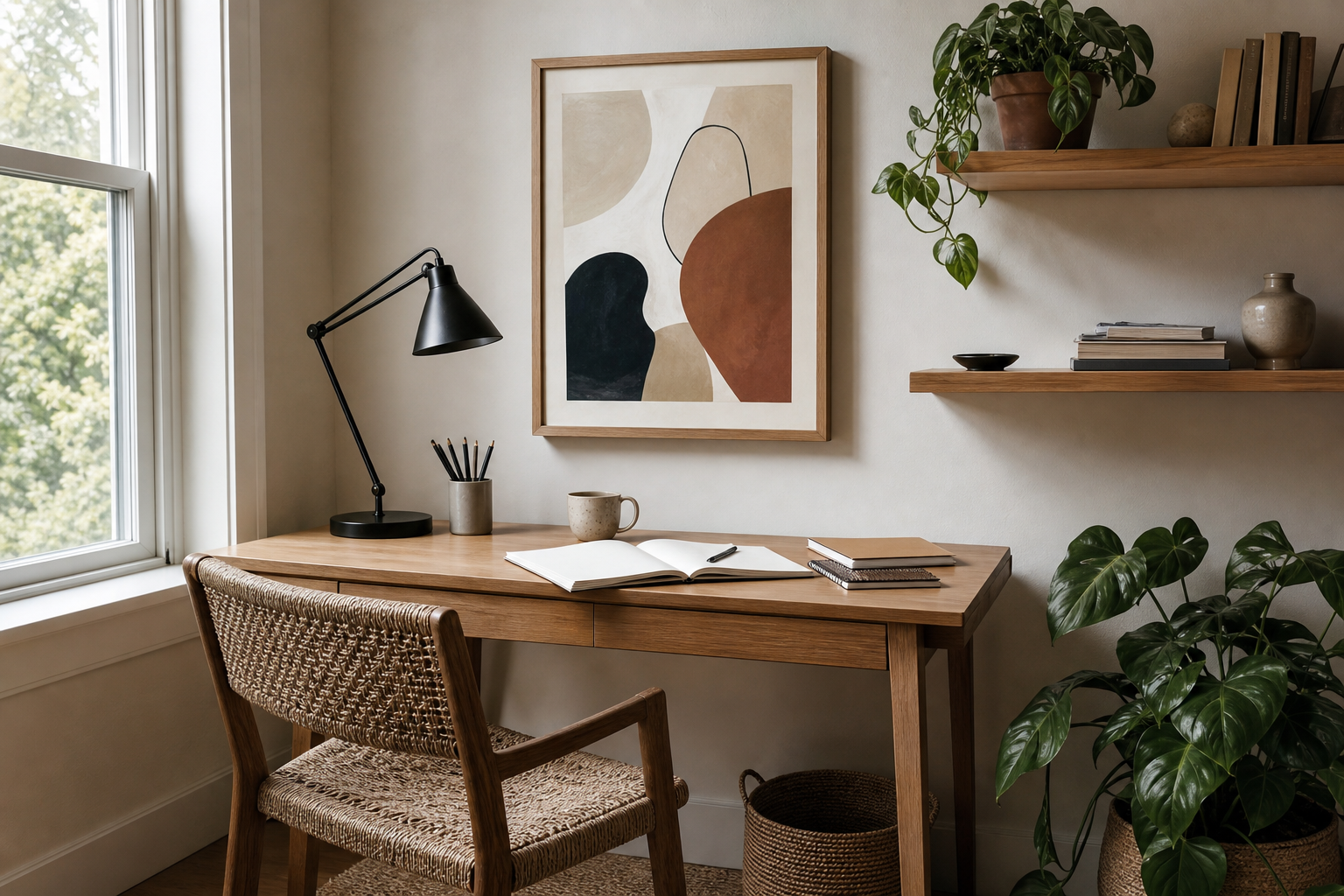 Home office with abstract face wall art and modern styling