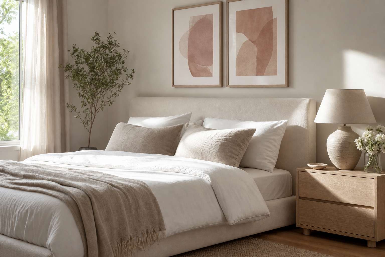Bedroom with calm abstract wall art above bed