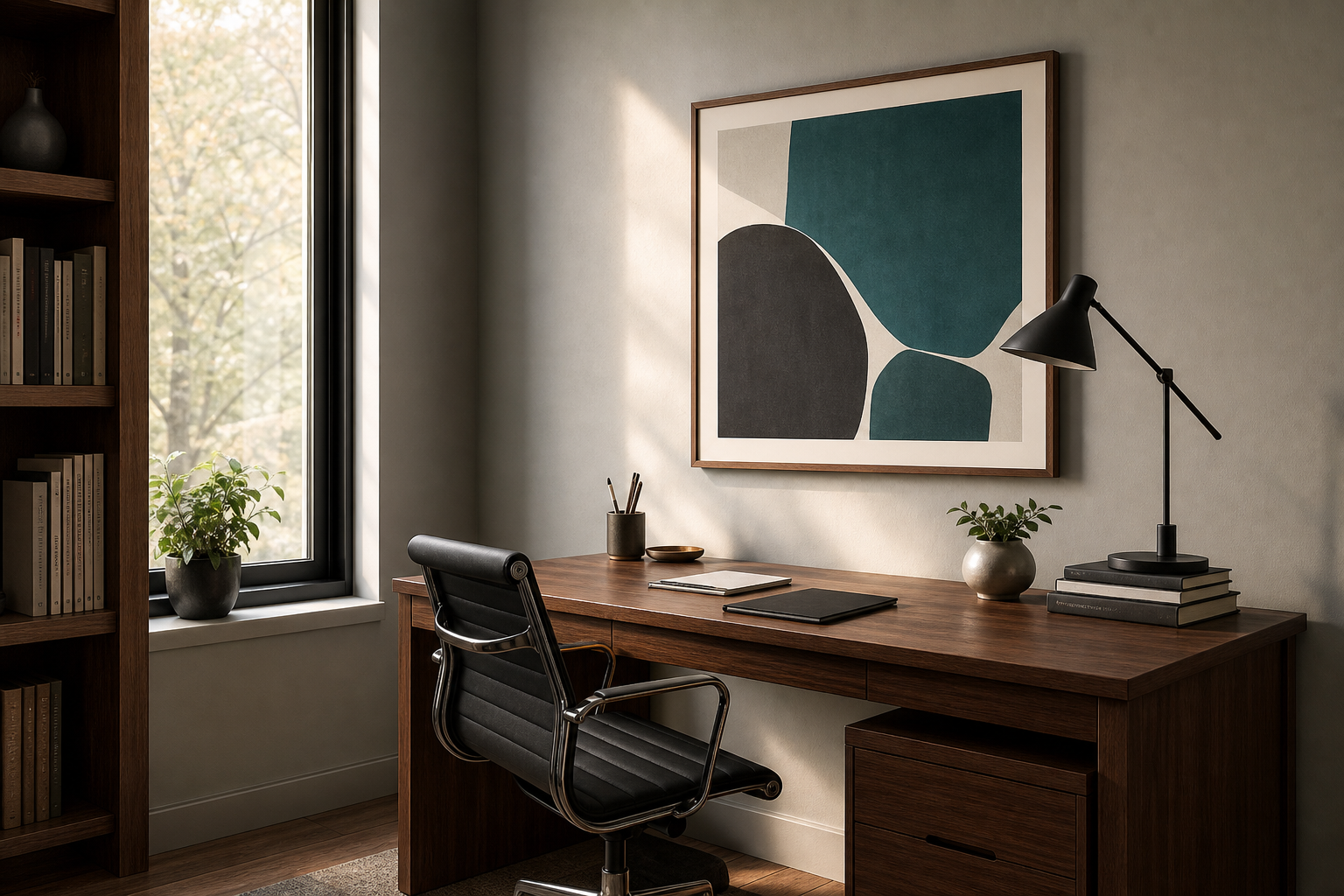 Home office with graphic abstract wall art