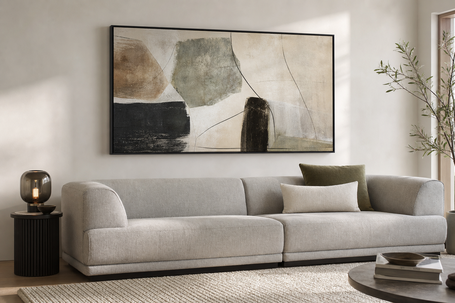 Example of abstract wall arrangement above a sofa