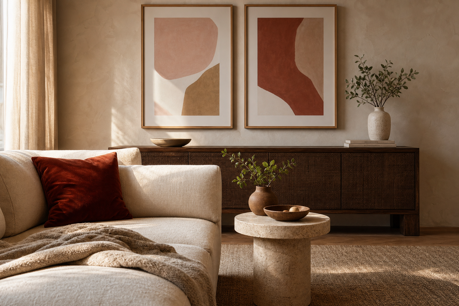 Neutral lounge with warm abstract prints and layered textiles