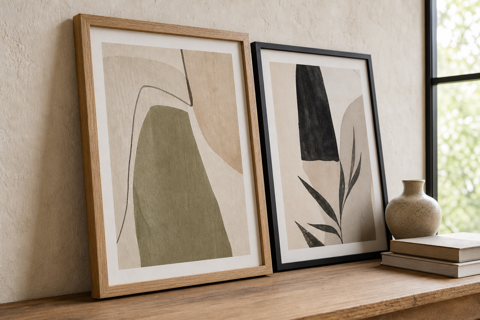 Close-up of oak and black frames around abstract art