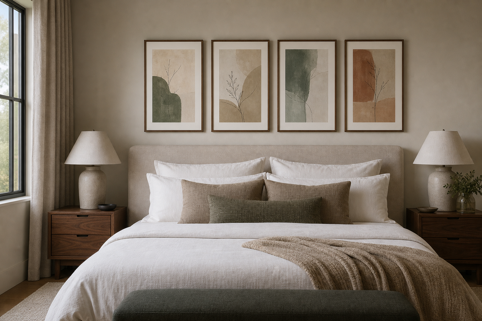 Bedroom with a balanced abstract gallery wall above the bed