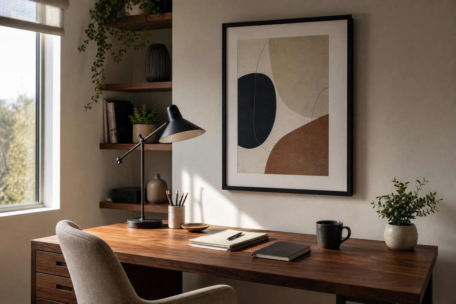 Home office with vertical abstract wall art above a desk