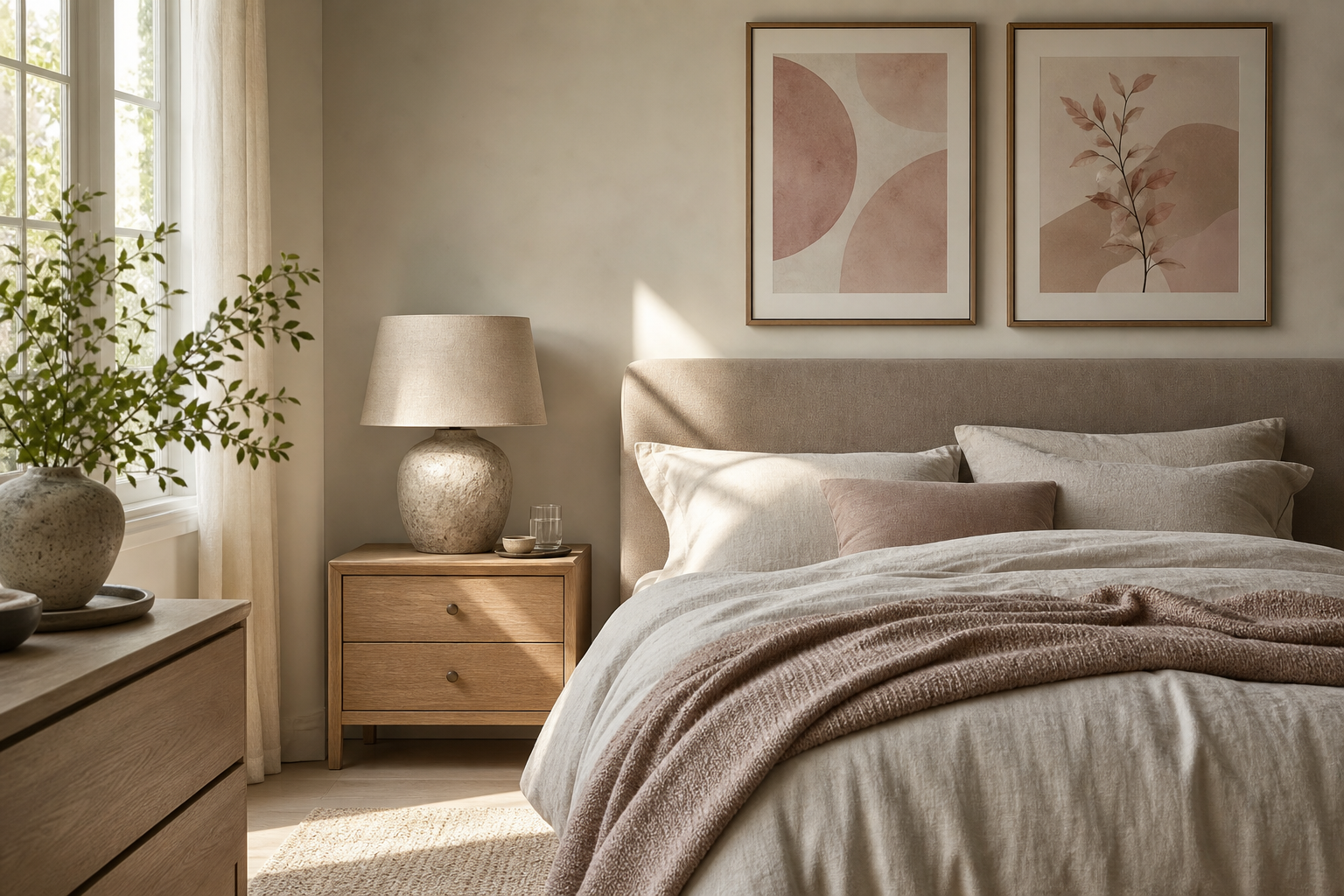 Bedroom corner with soft abstract art in blush and cream tones
