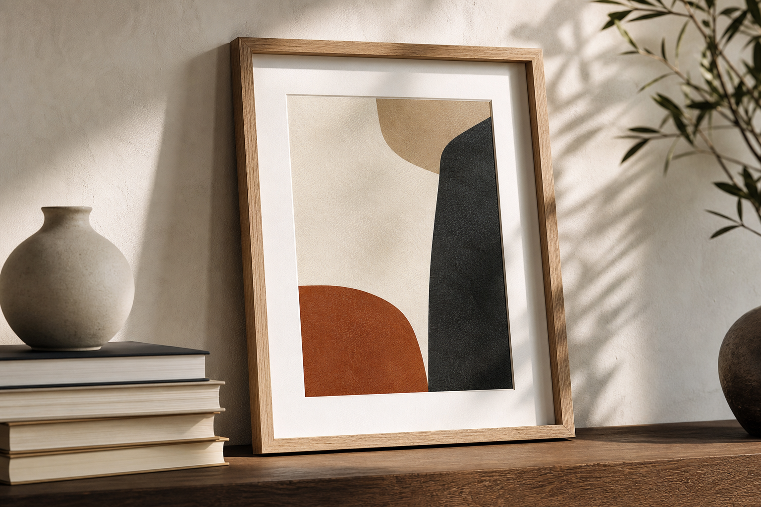 Close-up of abstract print in oak frame with mount