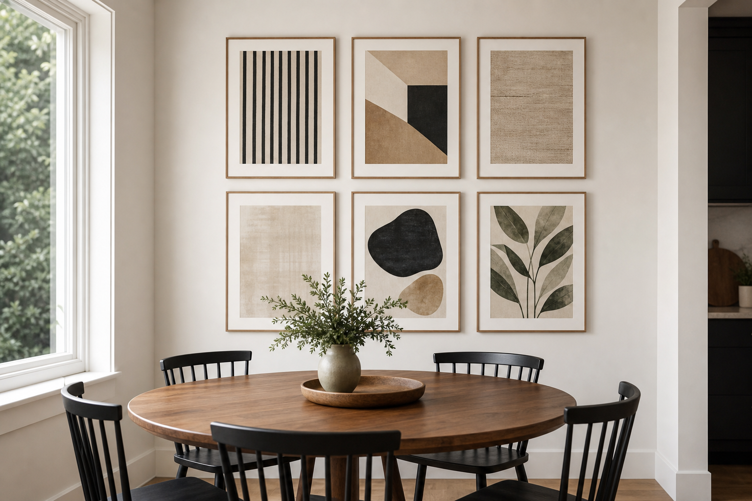 Dining area with balanced gallery wall of abstract framed art