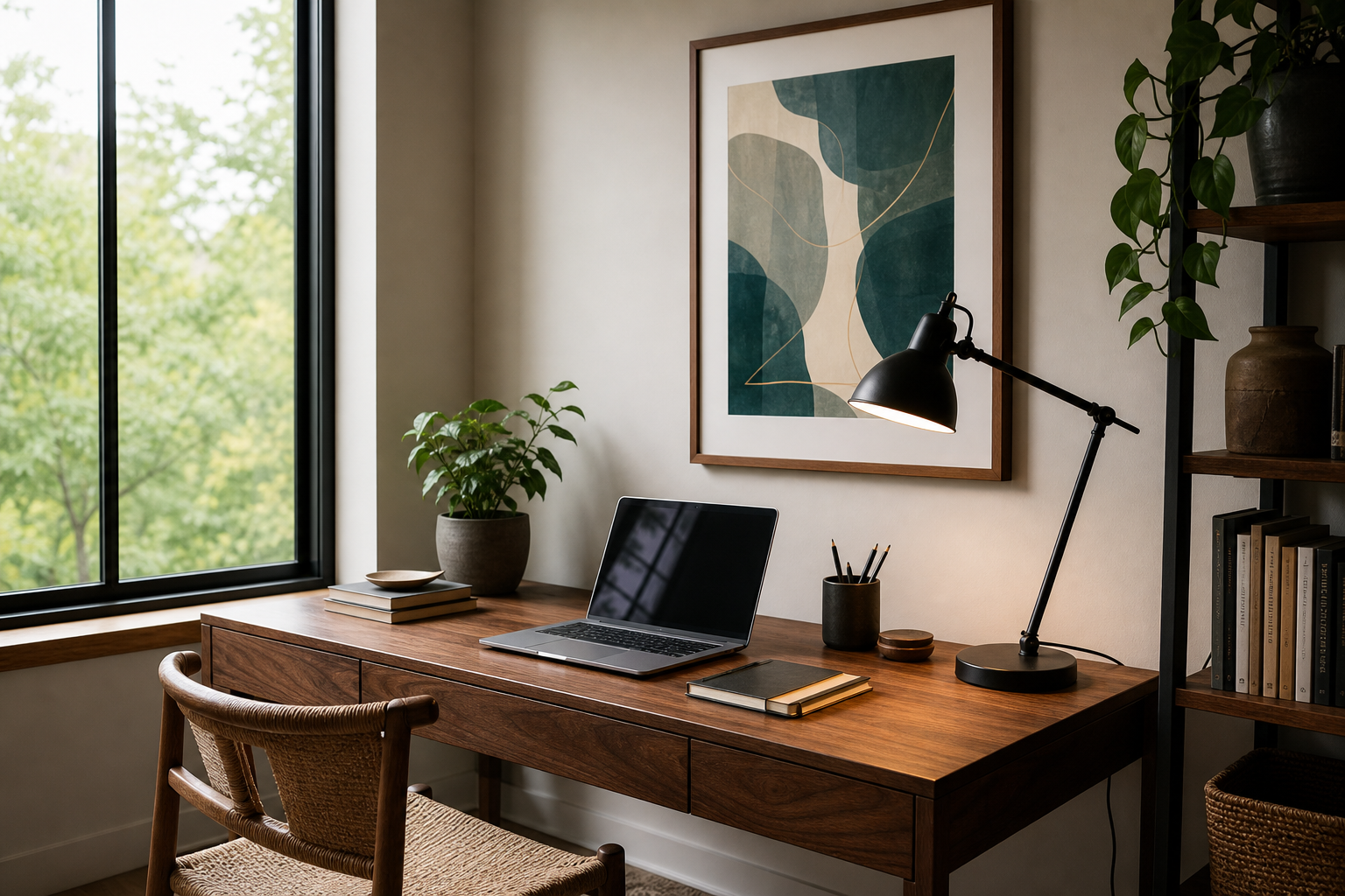 Home office with teal abstract art above desk