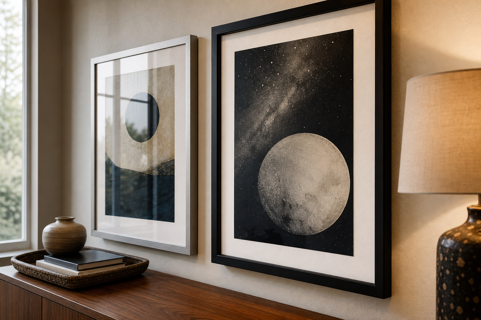 Close-up of framed moon-inspired prints and materials