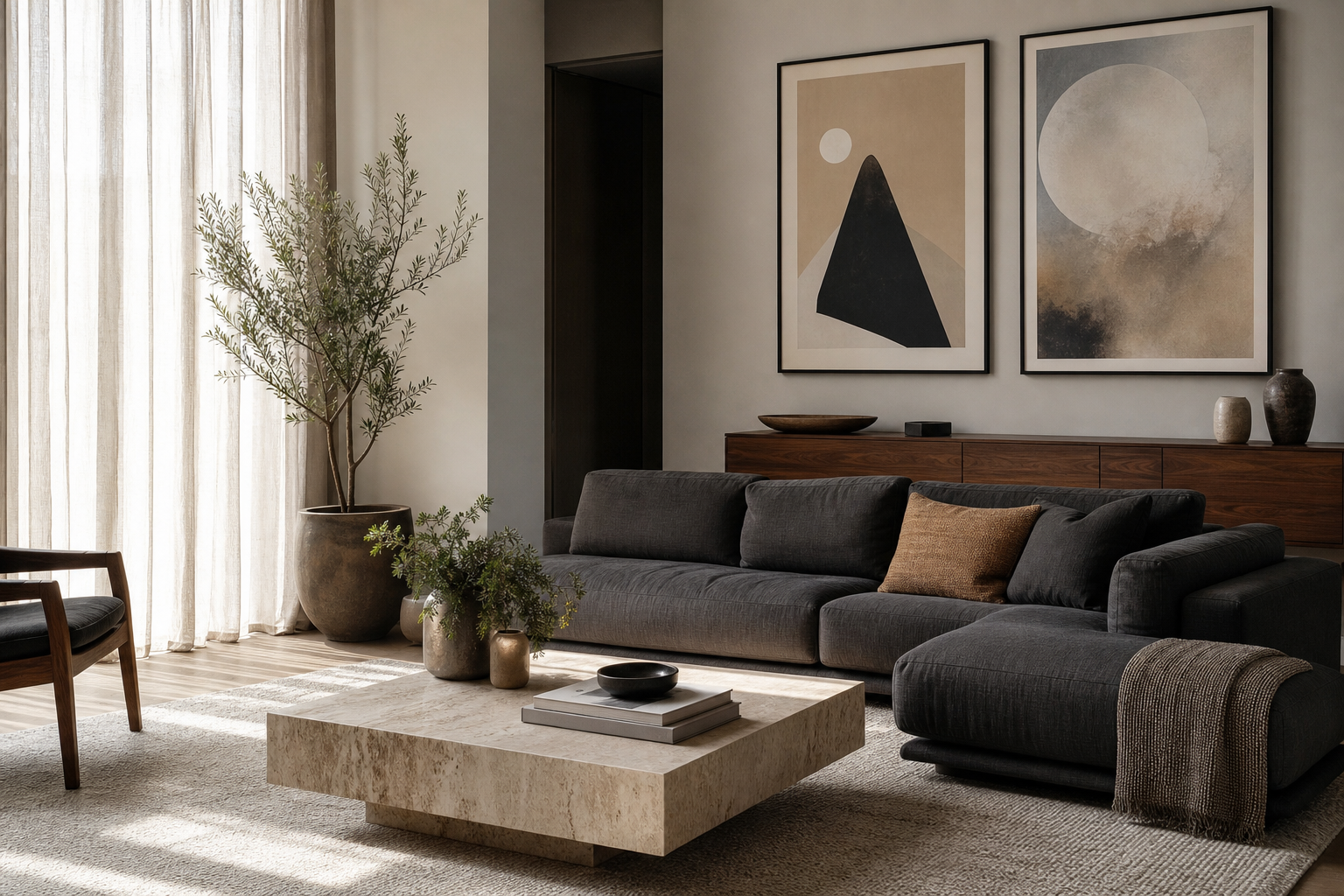 Elegant living room with subtle cosmic wall art