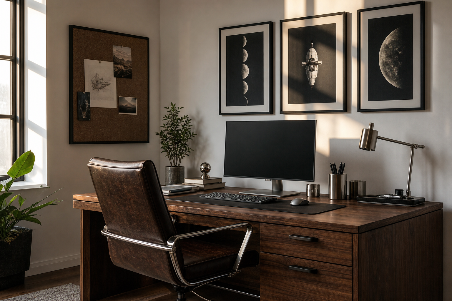 Creative workspace with celestial framed prints