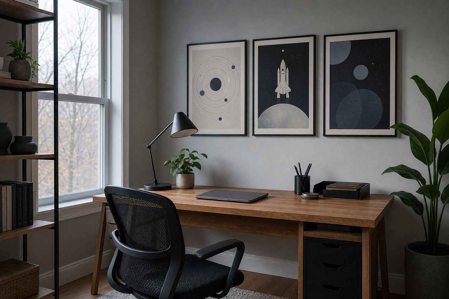Home office with moon-inspired wall arrangement