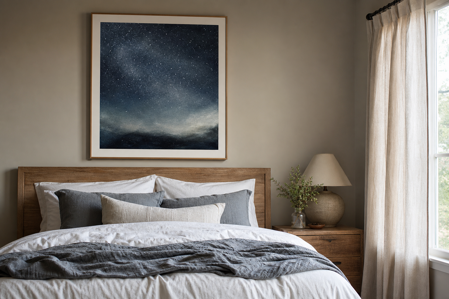 Large framed celestial art over a bed
