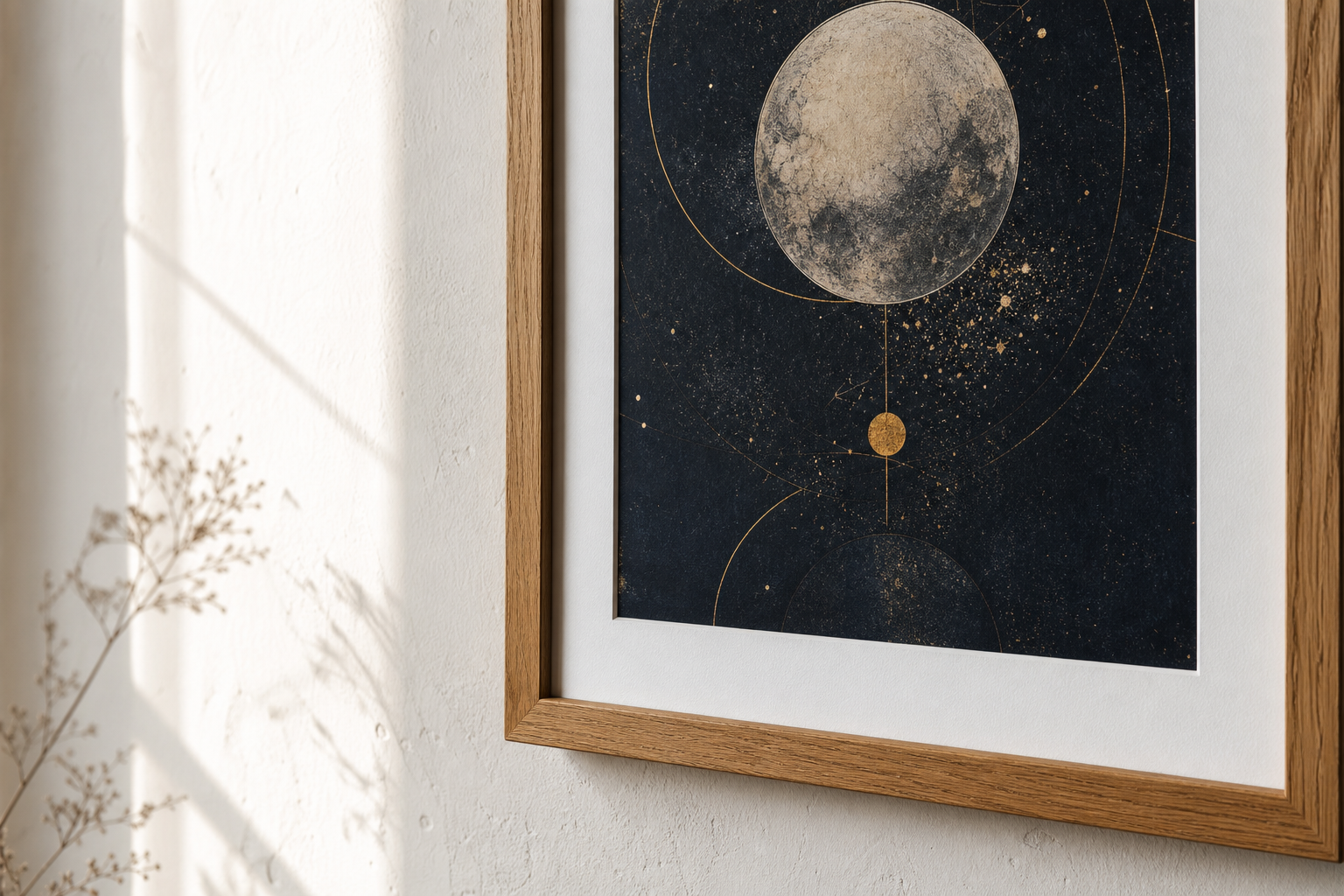 Close-up of oak frame and matted celestial wall art