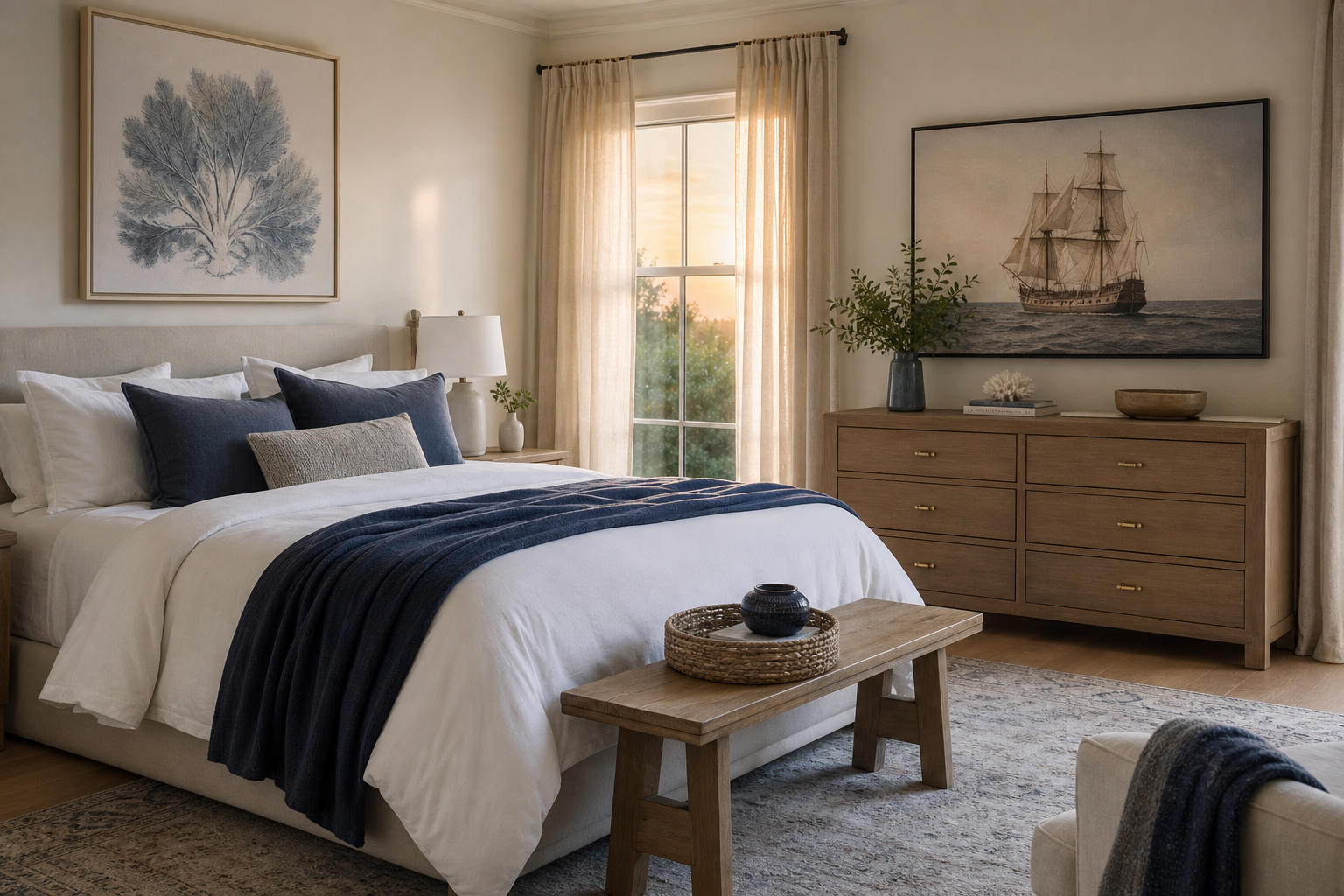 Bedroom with subtle nautical Americana wall styling