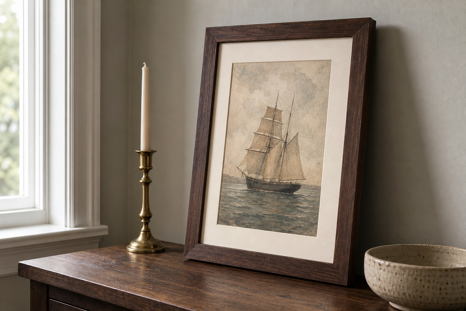 Close-up of dark wood frame with nautical art