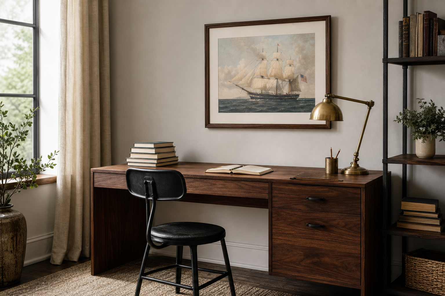 Home office with maritime wall art and dark wood furniture