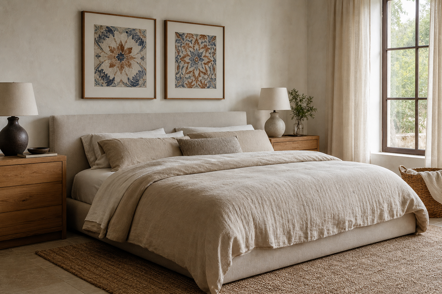 Muted heritage tile art in a calm bedroom