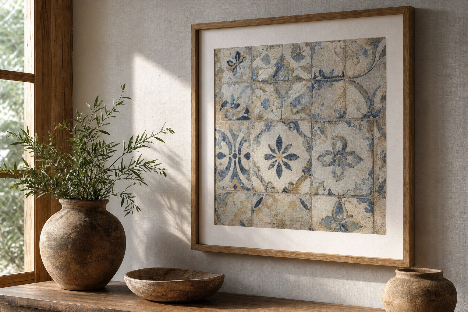 Close-up of framed heritage tile artwork with textured finish