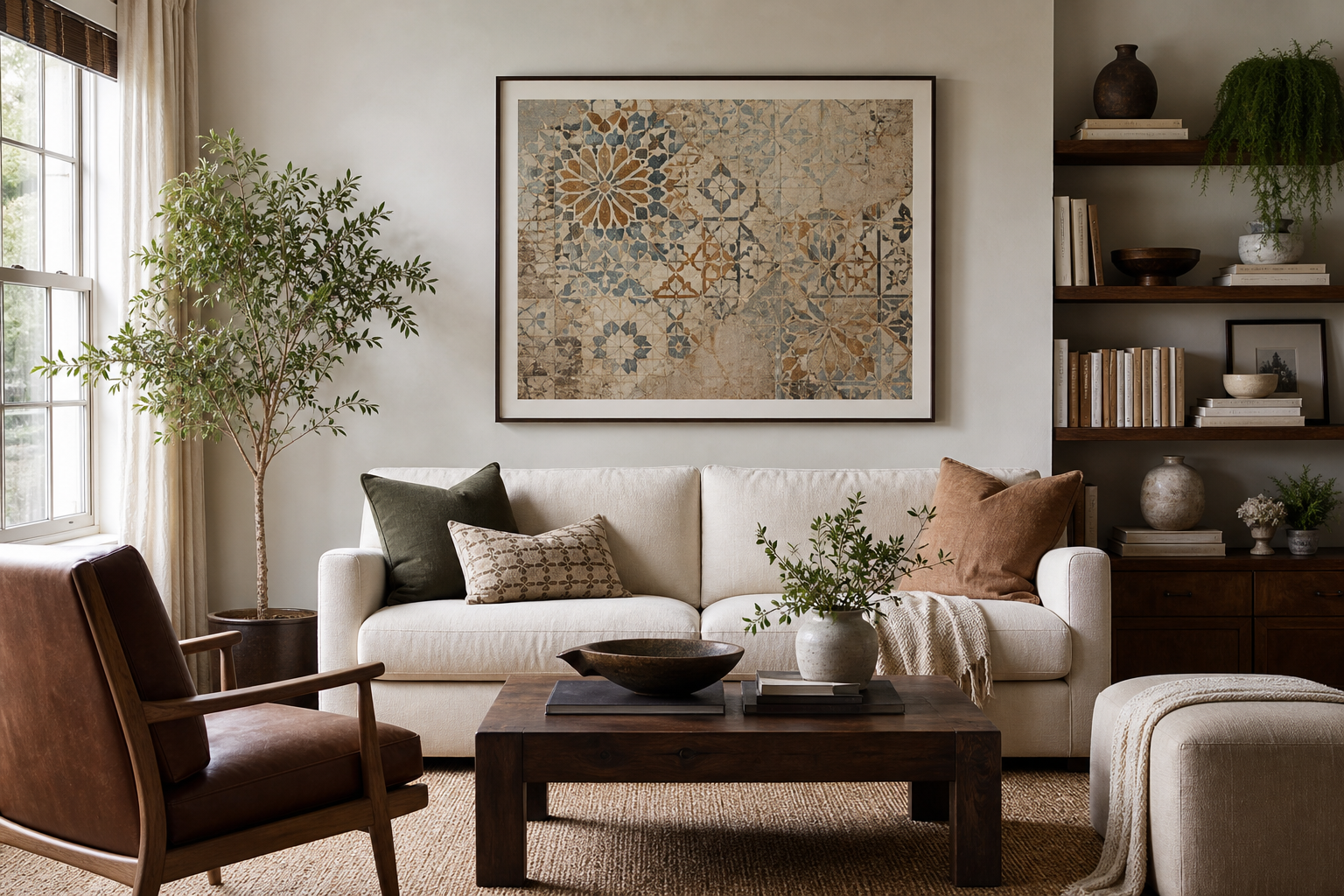 Ancient tile print above a sofa in an eclectic living room