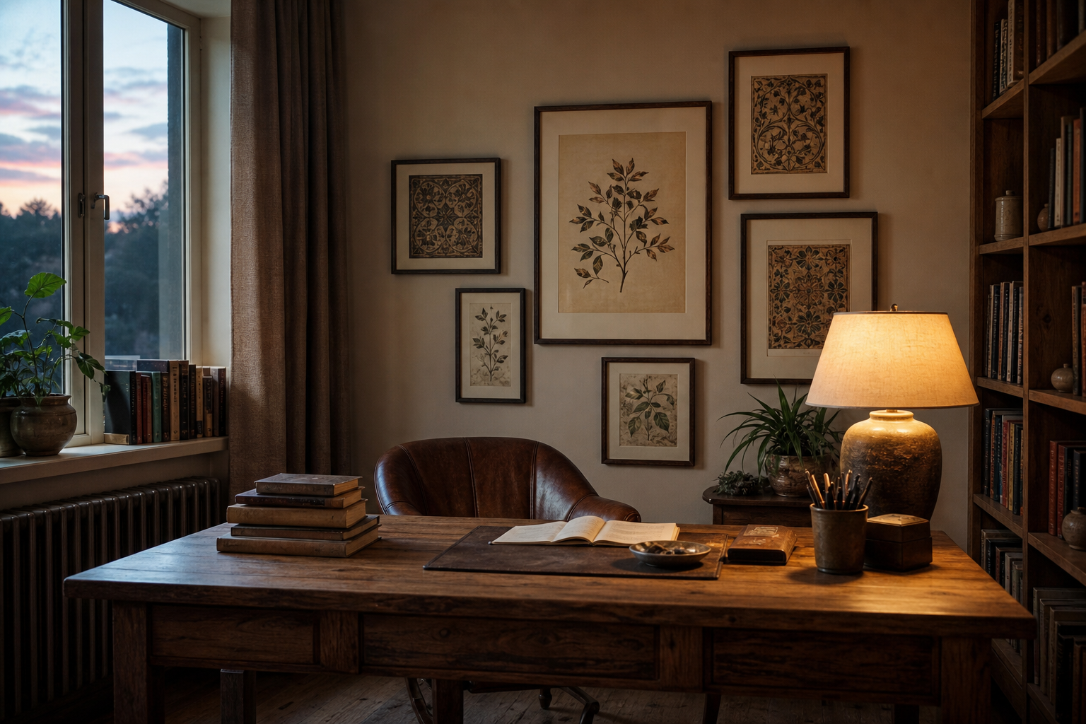Heritage-inspired study wall with mixed art arrangement