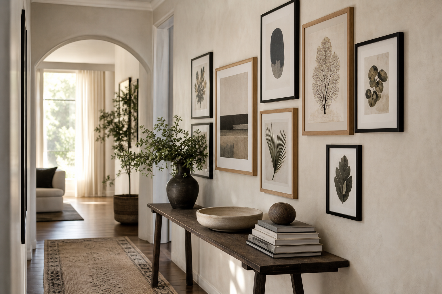 Hallway gallery wall mixing animal art with natural textures
