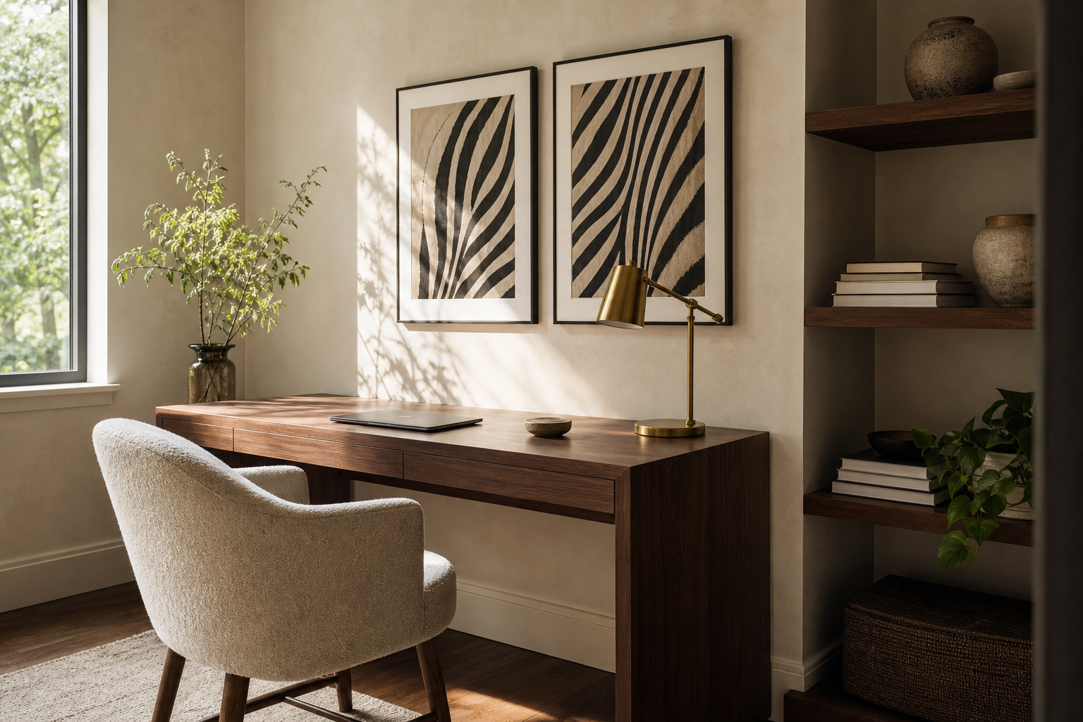 Home office with zebra-inspired framed wall art